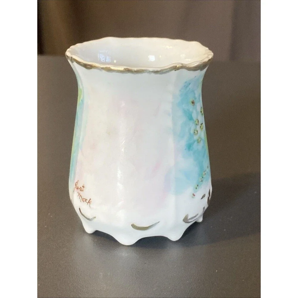 Vintage Toothpick Holder Floral Signed Janet Mock 2.5” Painted Footed
